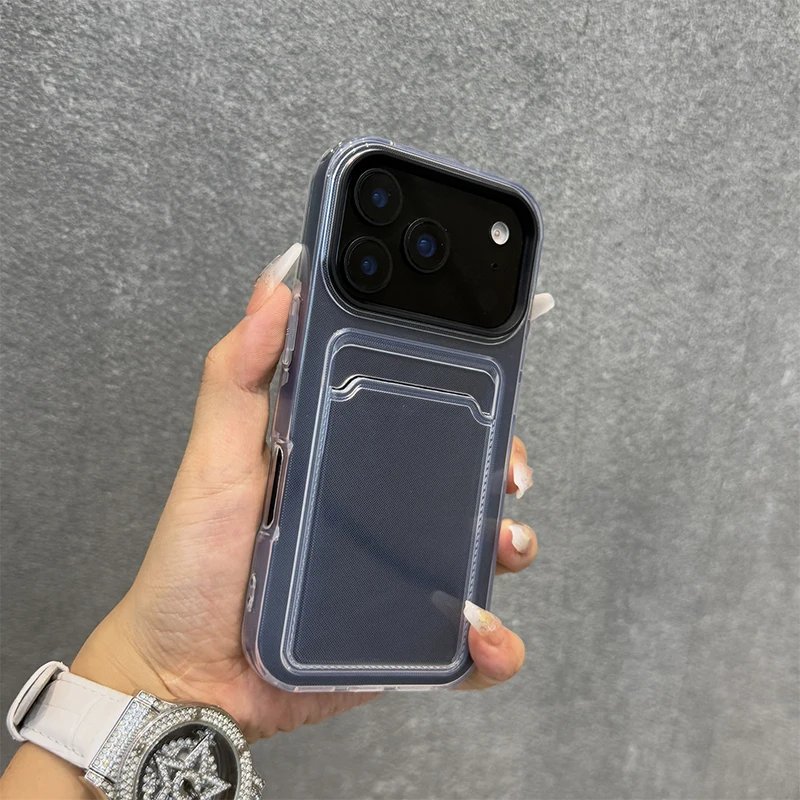 Candy Color Hard Acrylic Card Holder Phone Case For iPhone 17 16 Pro Max 11 12 13 14 15 17 Air Shockproof With Bumper Back Cover