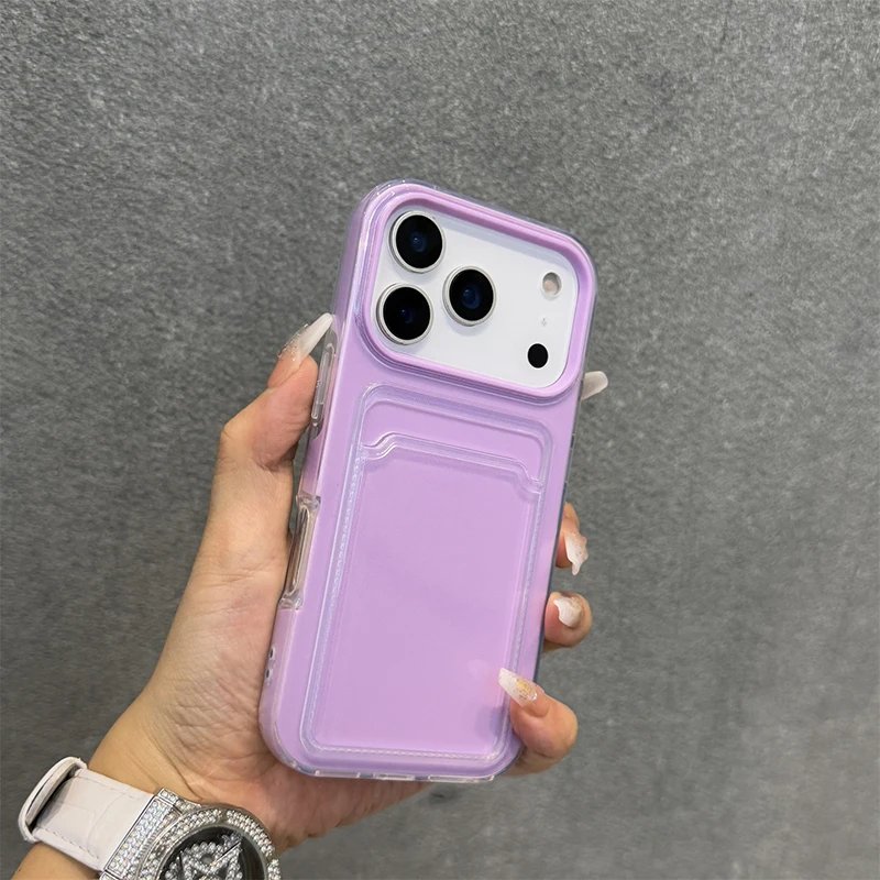 Candy Color Hard Acrylic Card Holder Phone Case For iPhone 17 16 Pro Max 11 12 13 14 15 17 Air Shockproof With Bumper Back Cover