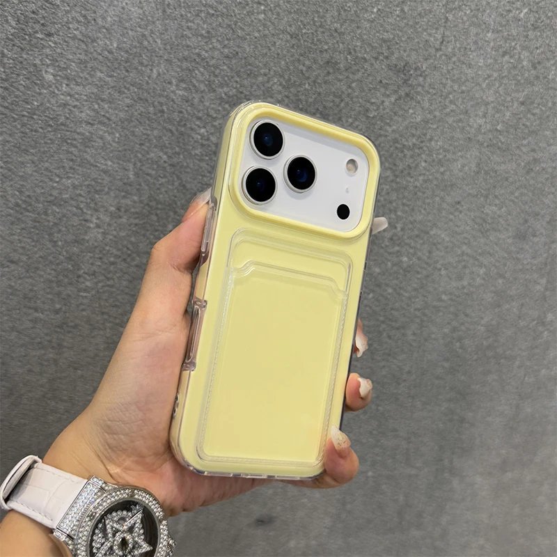 Candy Color Hard Acrylic Card Holder Phone Case For iPhone 17 16 Pro Max 11 12 13 14 15 17 Air Shockproof With Bumper Back Cover