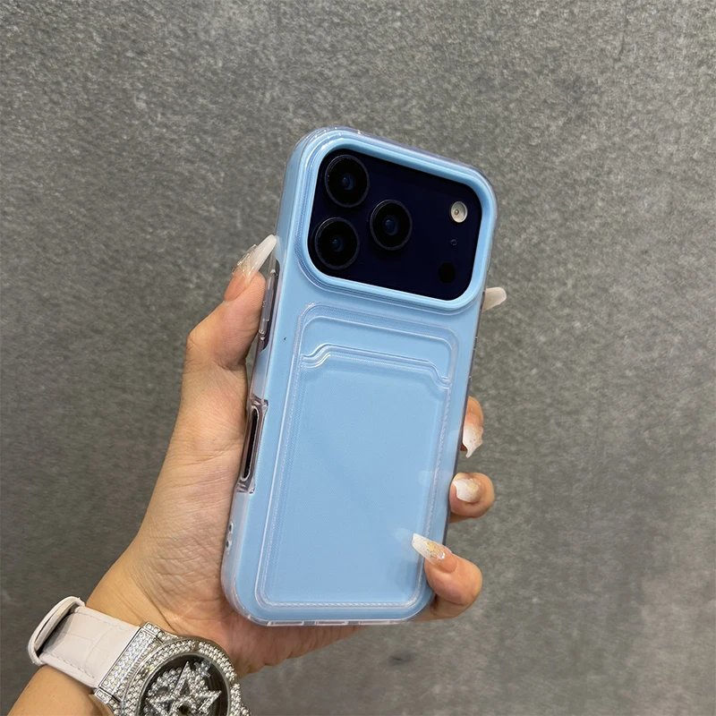 Candy Color Hard Acrylic Card Holder Phone Case For iPhone 17 16 Pro Max 11 12 13 14 15 17 Air Shockproof With Bumper Back Cover