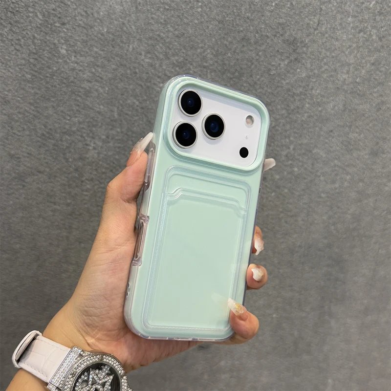 Candy Color Hard Acrylic Card Holder Phone Case For iPhone 17 16 Pro Max 11 12 13 14 15 17 Air Shockproof With Bumper Back Cover