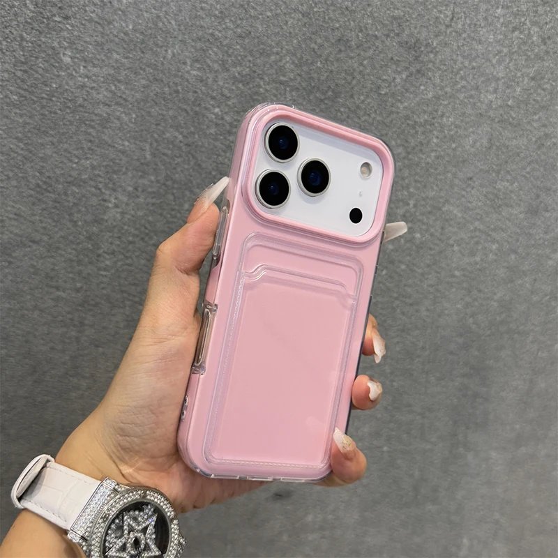 Candy Color Hard Acrylic Card Holder Phone Case For iPhone 17 16 Pro Max 11 12 13 14 15 17 Air Shockproof With Bumper Back Cover