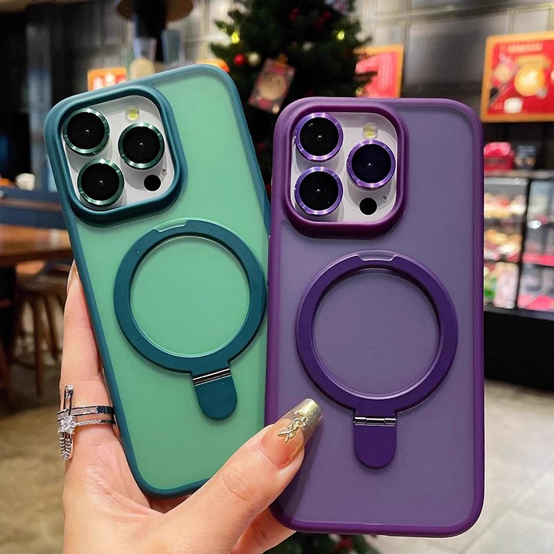 Matte Ring Holder Glass Lens Phone Case For iPhone 16 15 14 13 12 11 17 Pro Max 17 Air 16e For Magsafe Wireless Magnetic Cover
