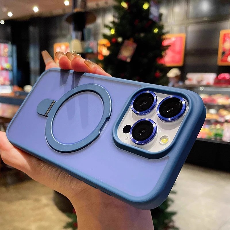 Matte Ring Holder Glass Lens Phone Case For iPhone 16 15 14 13 12 11 17 Pro Max 17 Air 16e For Magsafe Wireless Magnetic Cover