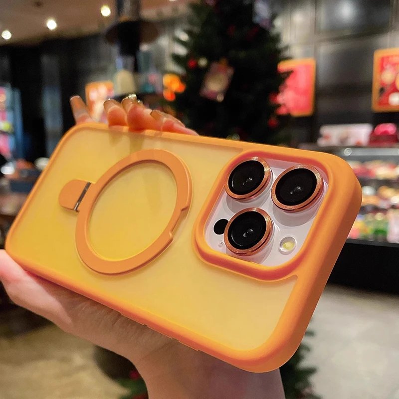 Matte Ring Holder Glass Lens Phone Case For iPhone 16 15 14 13 12 11 17 Pro Max 17 Air 16e For Magsafe Wireless Magnetic Cover