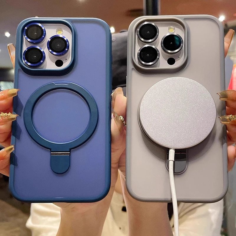 Matte Ring Holder Glass Lens Phone Case For iPhone 16 15 14 13 12 11 17 Pro Max 17 Air 16e For Magsafe Wireless Magnetic Cover