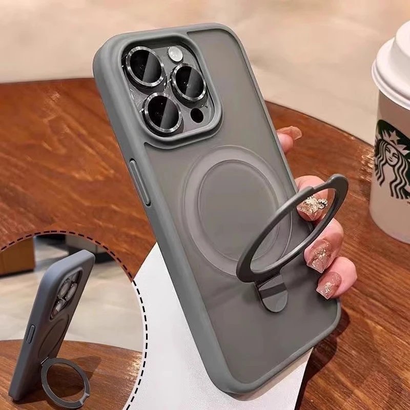 Matte Ring Holder Glass Lens Phone Case For iPhone 16 15 14 13 12 11 17 Pro Max 17 Air 16e For Magsafe Wireless Magnetic Cover