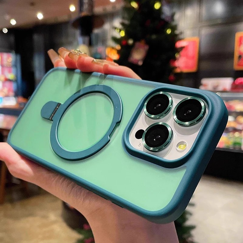 Matte Ring Holder Glass Lens Phone Case For iPhone 16 15 14 13 12 11 17 Pro Max 17 Air 16e For Magsafe Wireless Magnetic Cover