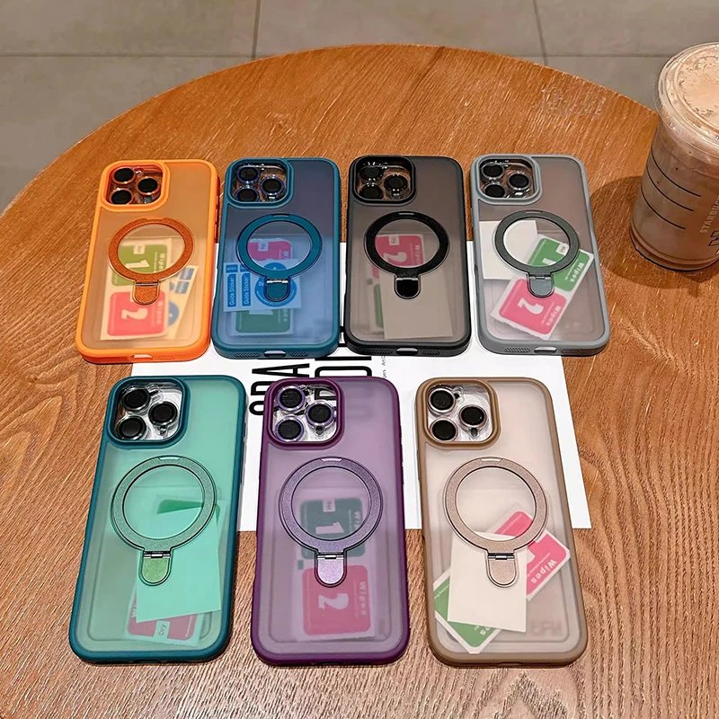 Matte Ring Holder Glass Lens Phone Case For iPhone 16 15 14 13 12 11 17 Pro Max 17 Air 16e For Magsafe Wireless Magnetic Cover
