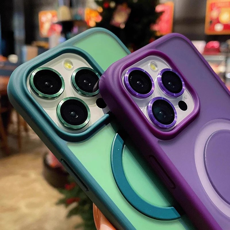 Matte Ring Holder Glass Lens Phone Case For iPhone 16 15 14 13 12 11 17 Pro Max 17 Air 16e For Magsafe Wireless Magnetic Cover