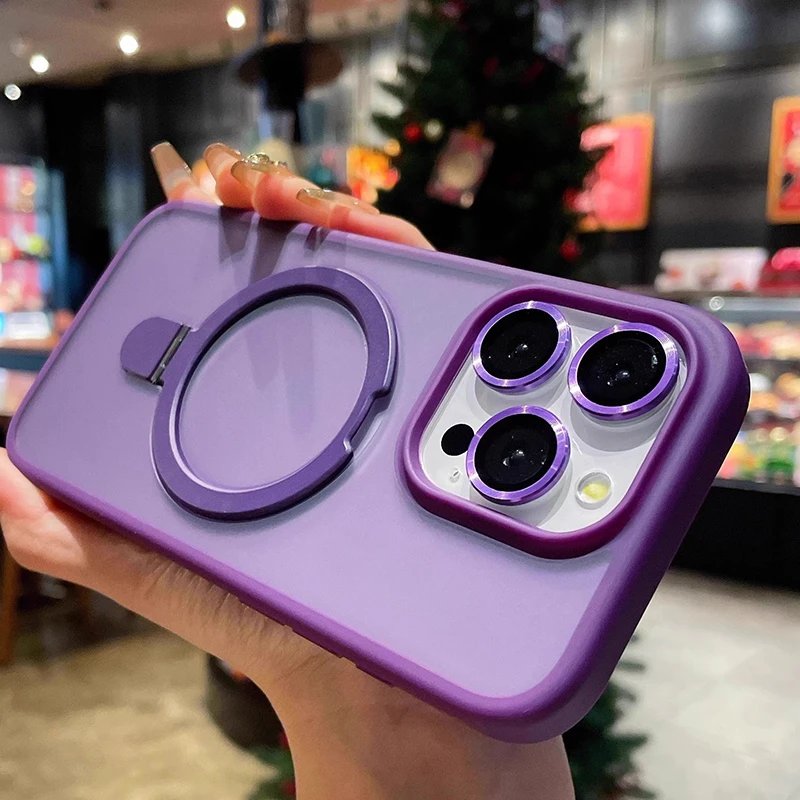 Matte Ring Holder Glass Lens Phone Case For iPhone 16 15 14 13 12 11 17 Pro Max 17 Air 16e For Magsafe Wireless Magnetic Cover