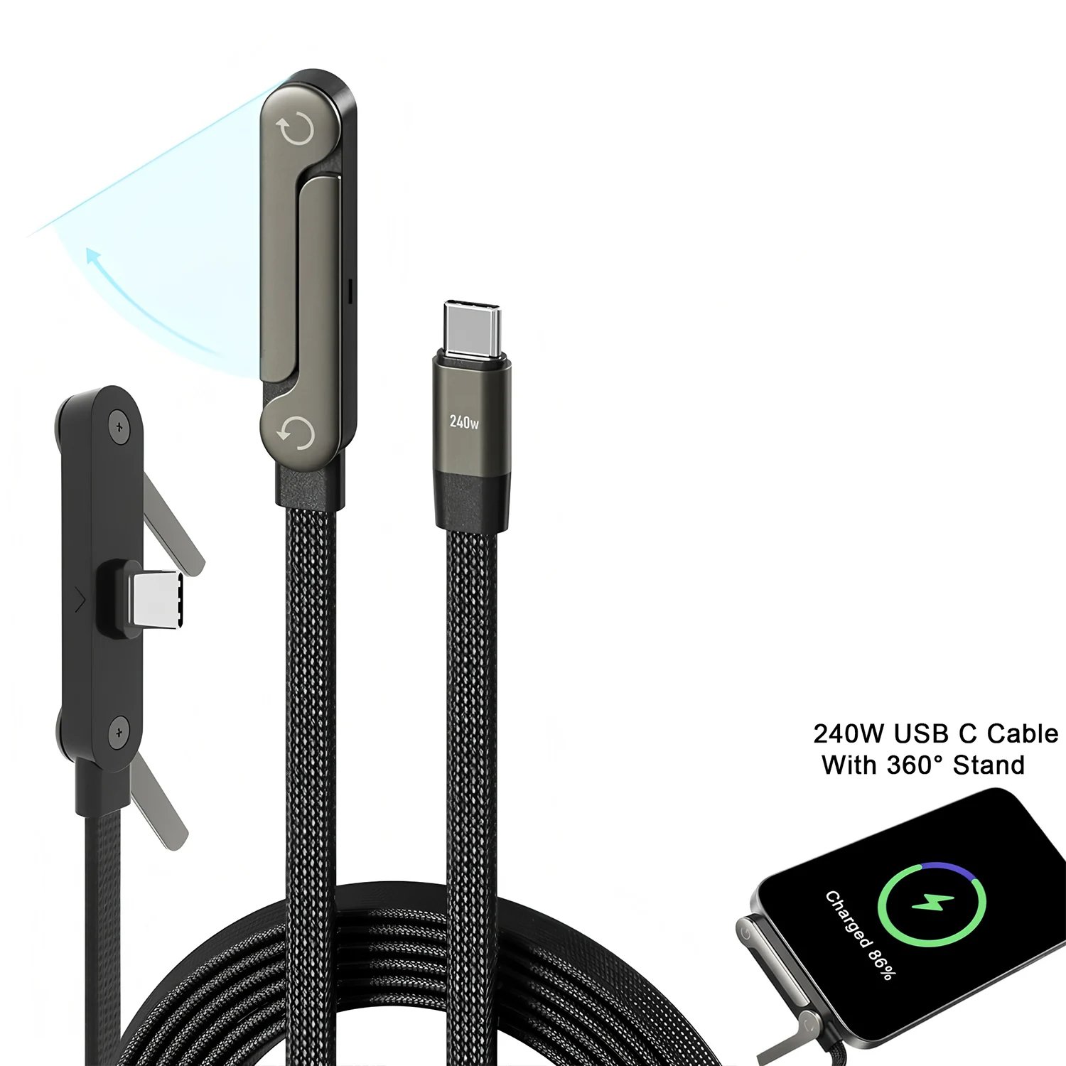 USB Type C Flat Charger Charging Cable C Kick Cable Stand With Invisible Support Foldable Phone Holder 240W Charge Wire Bracket