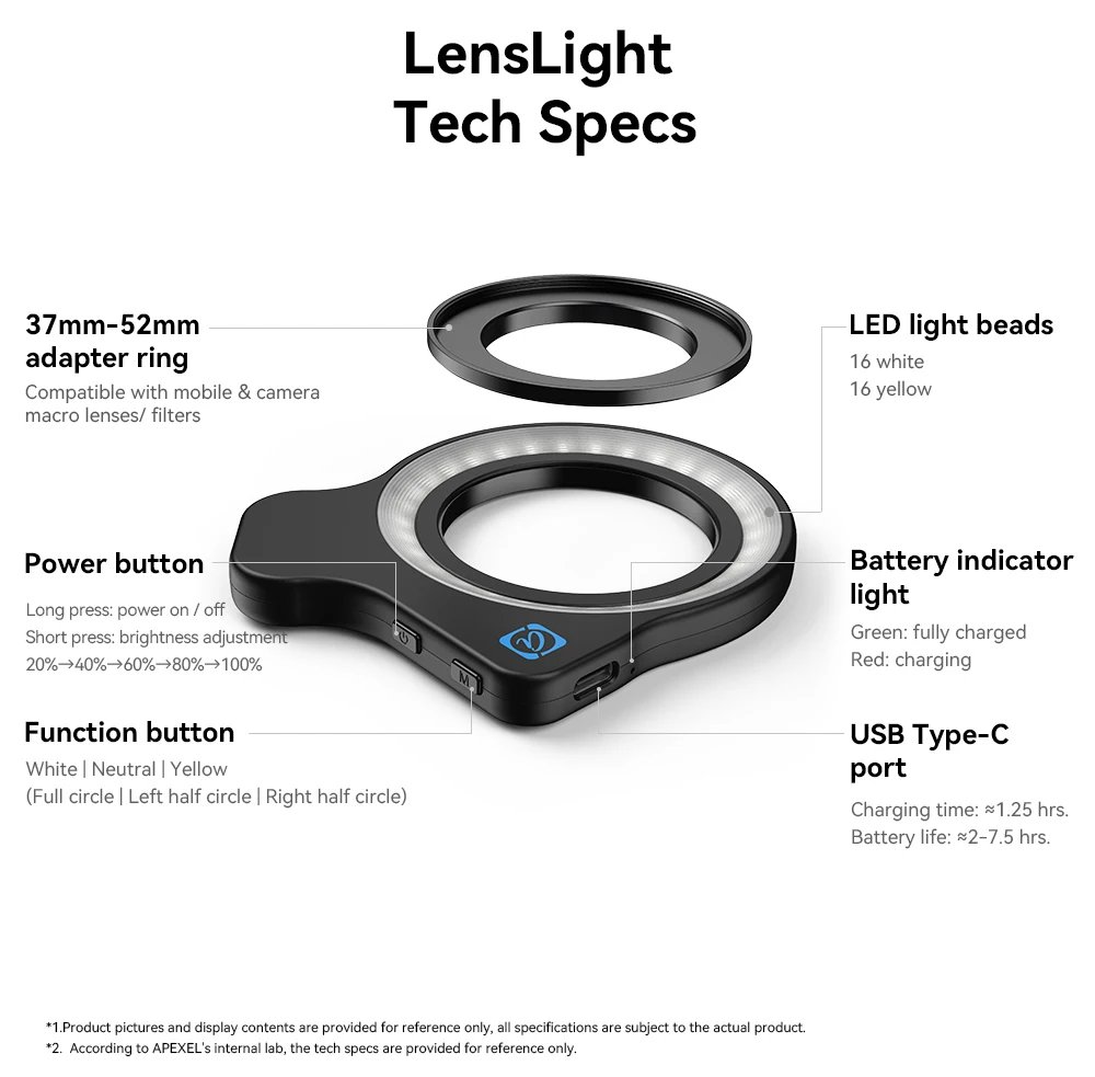 APEXEL LensLight with 37-52mm Adapter Ring Used for Camera and Phone Macro Photography,Mobile Phone Fill Light&Camera Fill Light