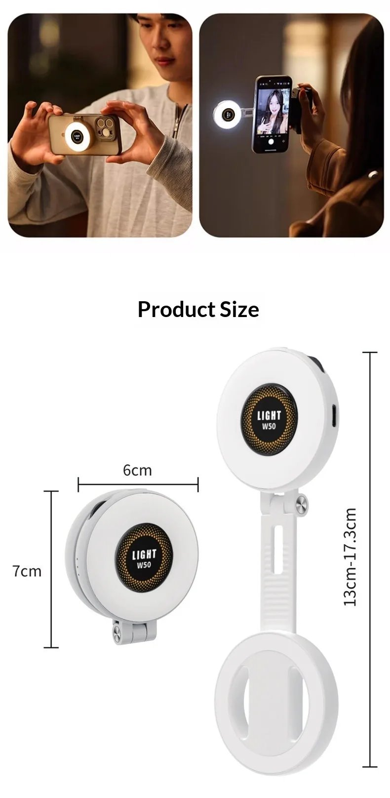 W50 Mobile Phone Tablet Magnetic Fill Light, Portable Handheld Lighting for Horizontal and Vertical Shooting, Adjustable St