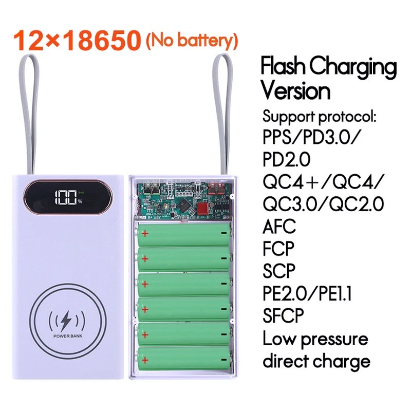 QC3.0 PD 20W Flash Charging Detachable Power Bank Case 12/16 18650 Batteries Type C with Wireless 15W Charge Storage Box