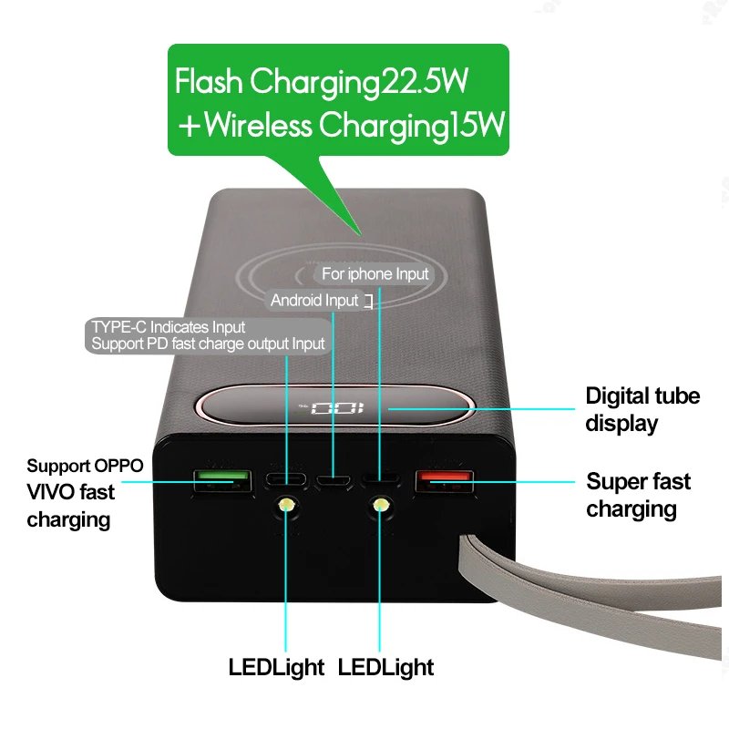 QC3.0 PD 20W Flash Charging Detachable Power Bank Case 12/16 18650 Batteries Type C with Wireless 15W Charge Storage Box