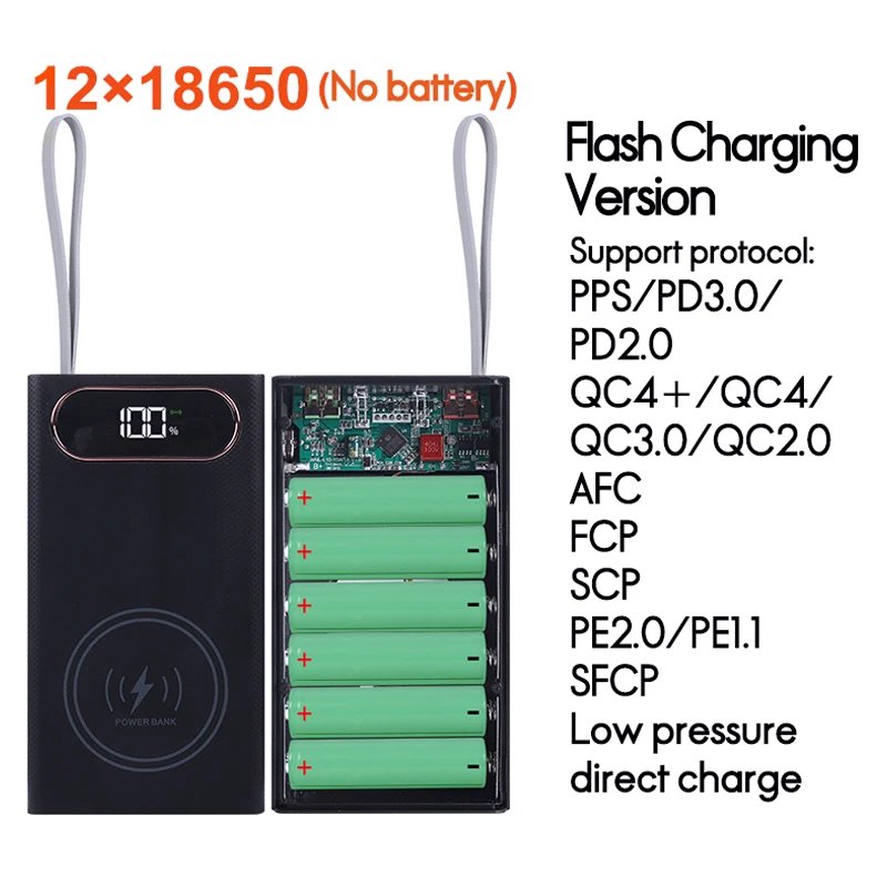 QC3.0 PD 20W Flash Charging Detachable Power Bank Case 12/16 18650 Batteries Type C with Wireless 15W Charge Storage Box