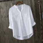 New Spring Summer Causal White Women Shirts V-neck Loose 100% Cotton Office Lady Elegant Double Pocket Blouse Shirts Tops - Image 5