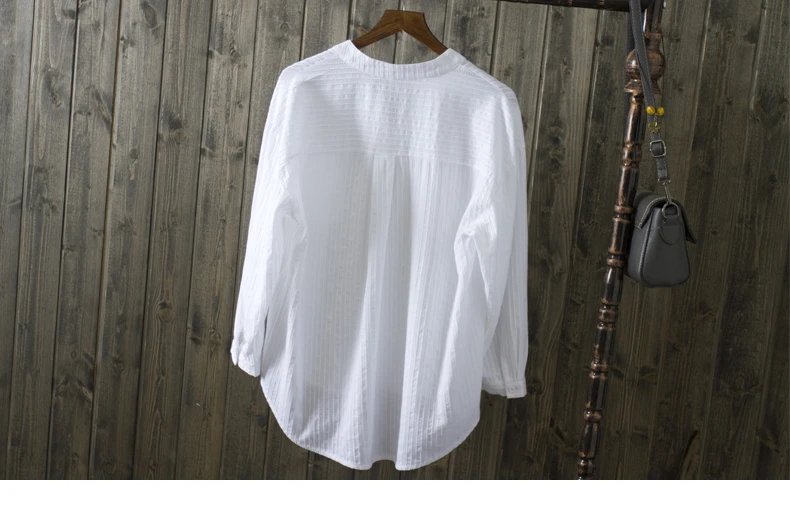 New Spring Summer Causal White Women Shirts V-neck Loose 100% Cotton Office Lady Elegant Double Pocket Blouse Shirts Tops