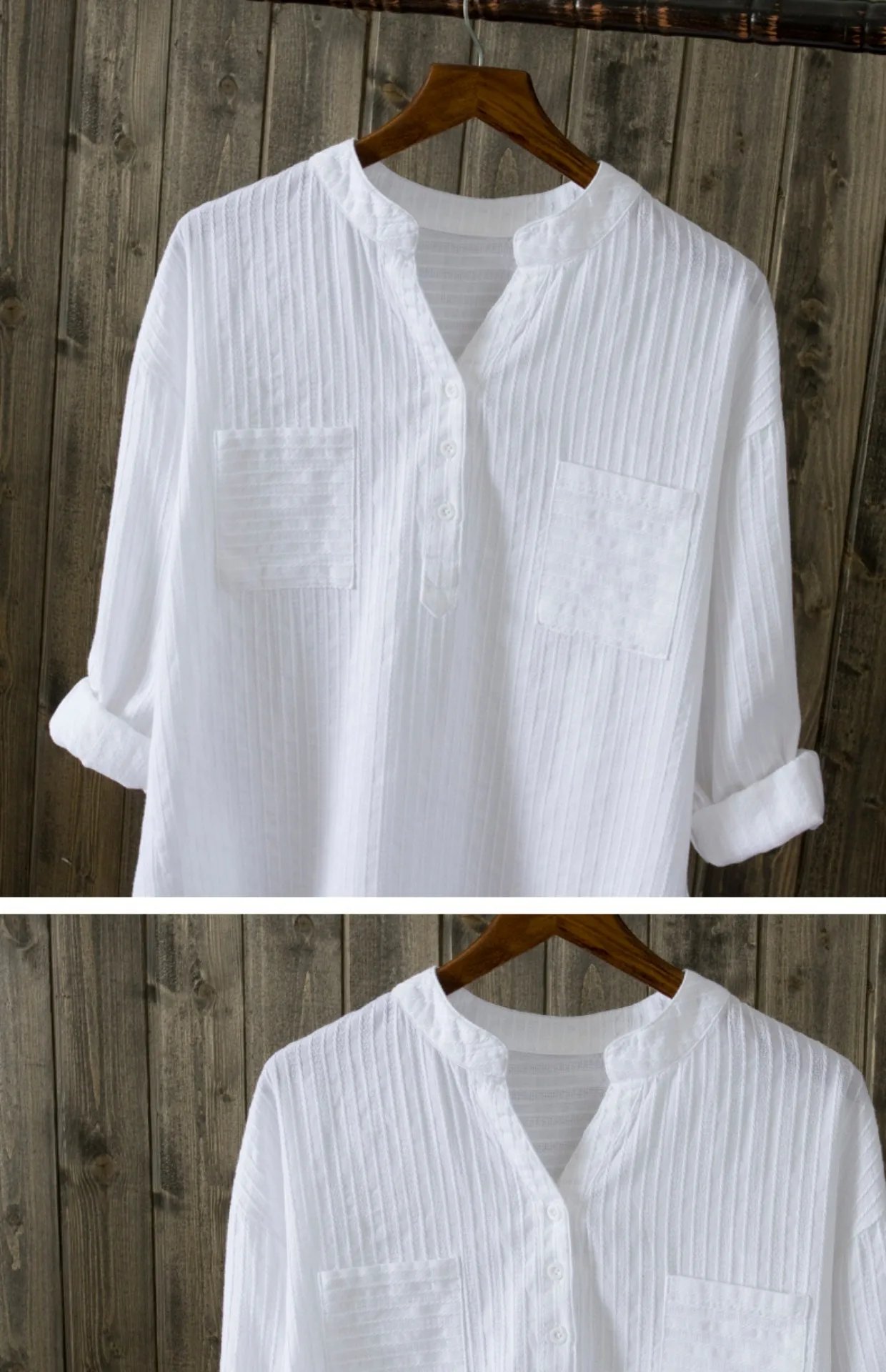 New Spring Summer Causal White Women Shirts V-neck Loose 100% Cotton Office Lady Elegant Double Pocket Blouse Shirts Tops