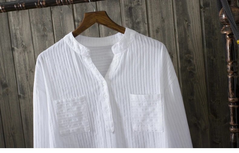 New Spring Summer Causal White Women Shirts V-neck Loose 100% Cotton Office Lady Elegant Double Pocket Blouse Shirts Tops