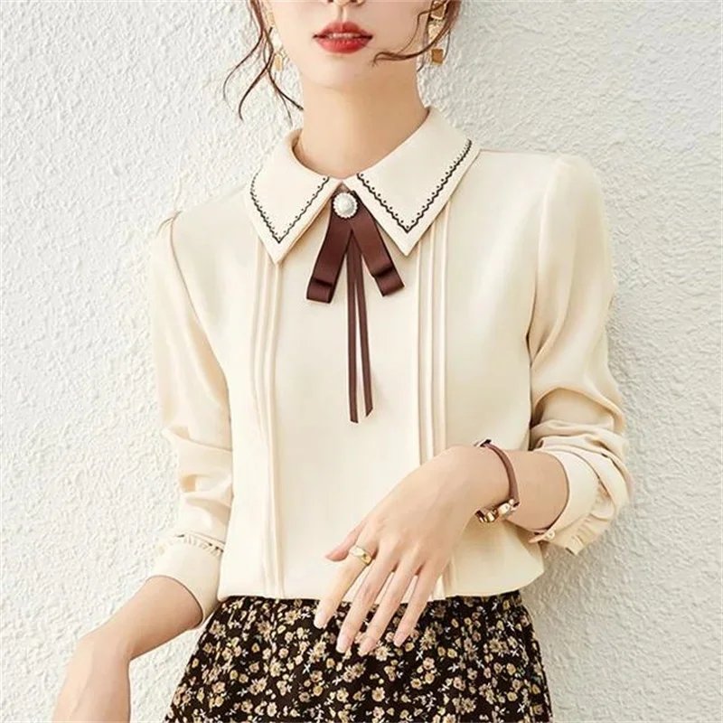 Women Spring Autumn Style Blouses Shirts Lady Casual Long Sleeve Peter Pan Collar Blusas Tops