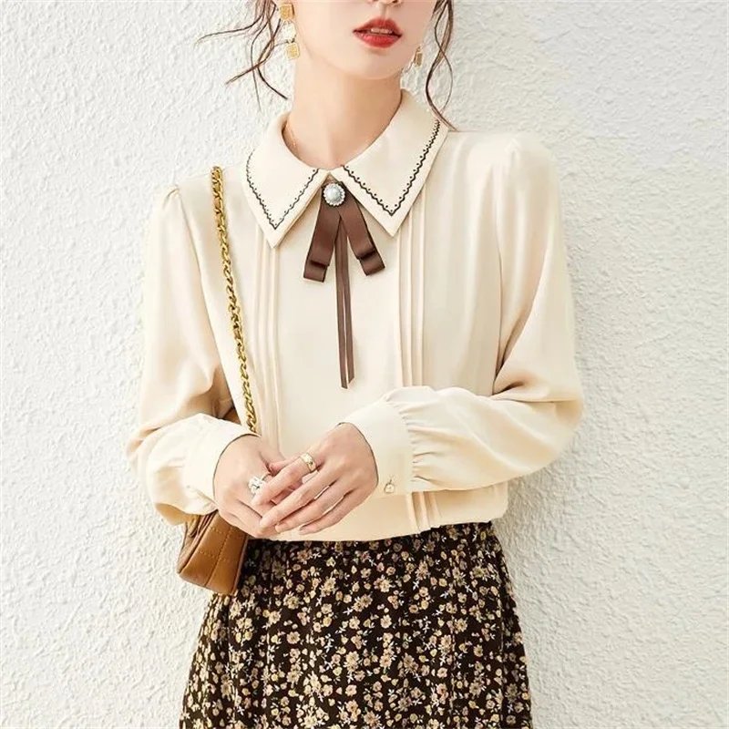 Women Spring Autumn Style Blouses Shirts Lady Casual Long Sleeve Peter Pan Collar Blusas Tops