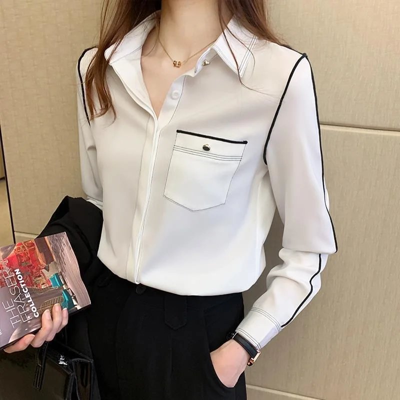 Women Spring Autumn Style Blouses Shirts Lady Casual Long Sleeve Turn-down Collar Blusas Tops WY1036