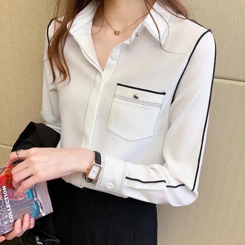 Women Spring Autumn Style Blouses Shirts Lady Casual Long Sleeve Turn-down Collar Blusas Tops WY1036