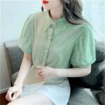 Women Spring Summer Style Lace Blouses Shirts Lady Casual Short Puff Sleeve Turn-down Collar Beading Decor Blusas Tops WY1008 - Image 4