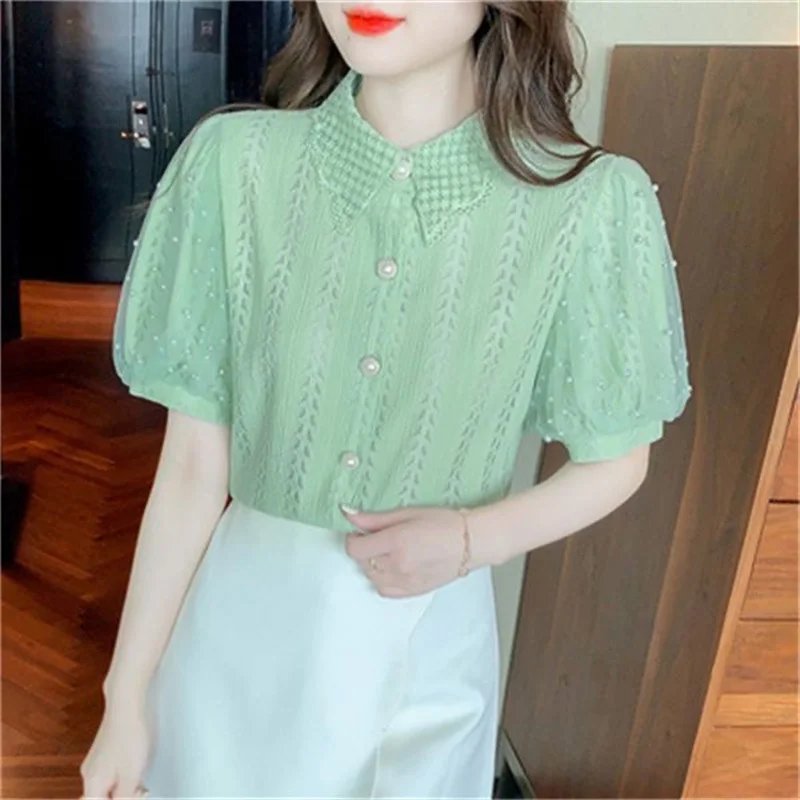 Women Spring Summer Style Lace Blouses Shirts Lady Casual Short Puff Sleeve Turn-down Collar Beading Decor Blusas Tops WY1008