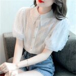 Women Spring Summer Style Lace Blouses Shirts Lady Casual Short Puff Sleeve Turn-down Collar Beading Decor Blusas Tops WY1008 - Image 5