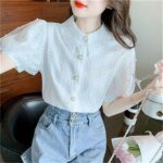 Women Spring Summer Style Lace Blouses Shirts Lady Casual Short Puff Sleeve Turn-down Collar Beading Decor Blusas Tops WY1008 - Image 3