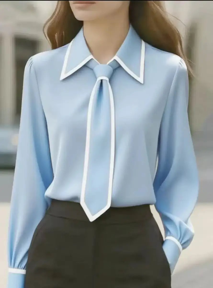 Women's fashion tie lapel design casual long-sleeved shirt