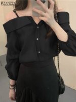 ZANZEA 2025 Fashion Shirts Women Sexy Off Shoulder Blouse Summer Casual Straps Button Tops Long Sleeve Pleated Solid Loose Tunic - Image 3