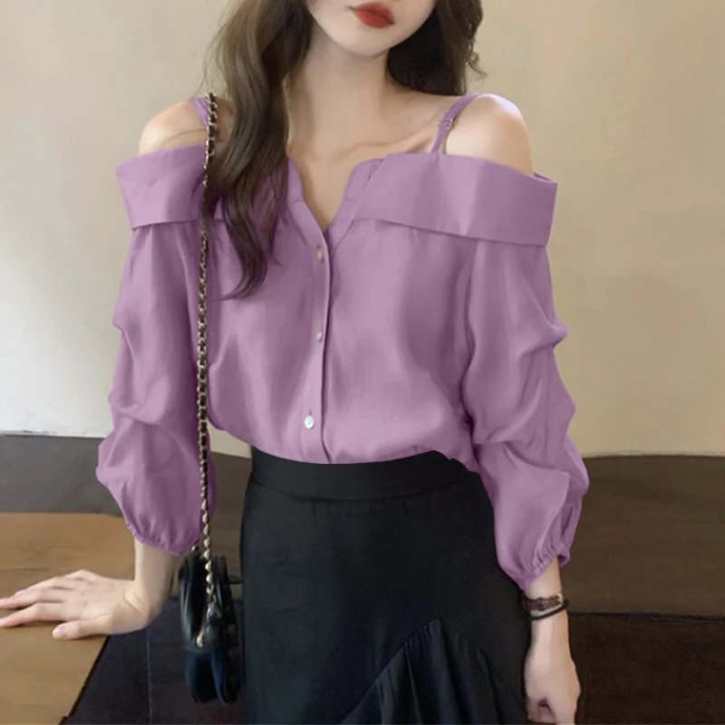 ZANZEA 2025 Fashion Shirts Women Sexy Off Shoulder Blouse Summer Casual Straps Button Tops Long Sleeve Pleated Solid Loose Tunic