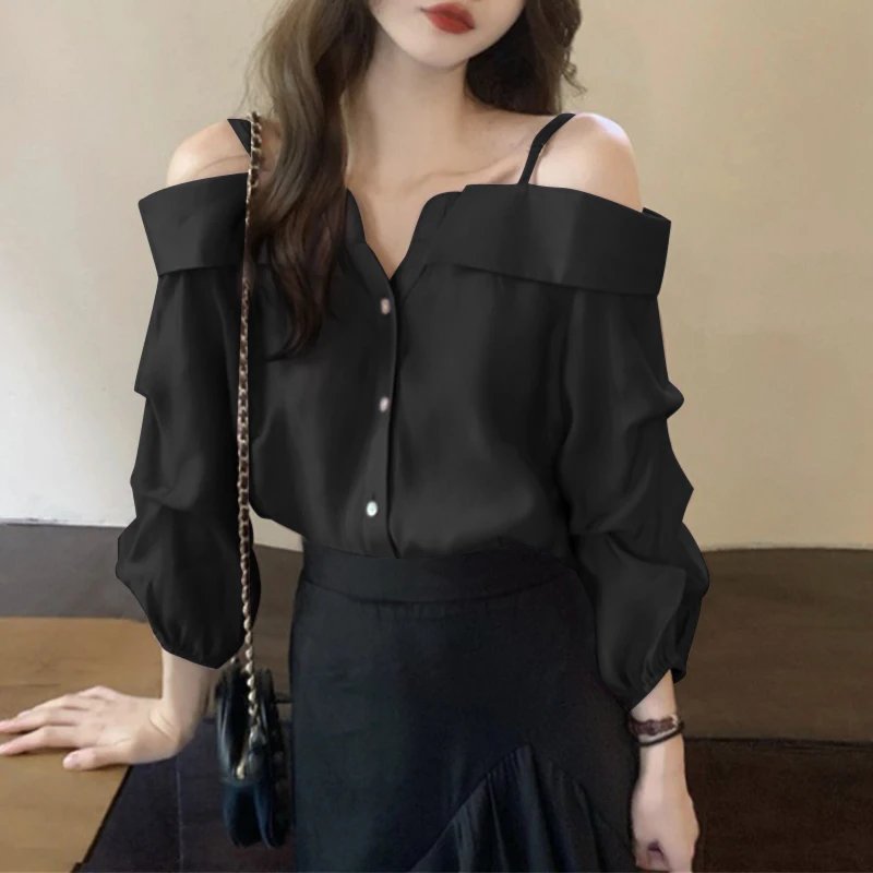 ZANZEA 2025 Fashion Shirts Women Sexy Off Shoulder Blouse Summer Casual Straps Button Tops Long Sleeve Pleated Solid Loose Tunic