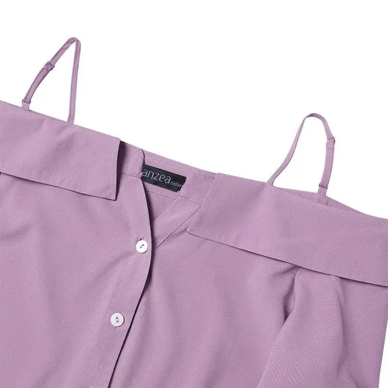 ZANZEA 2025 Fashion Shirts Women Sexy Off Shoulder Blouse Summer Casual Straps Button Tops Long Sleeve Pleated Solid Loose Tunic