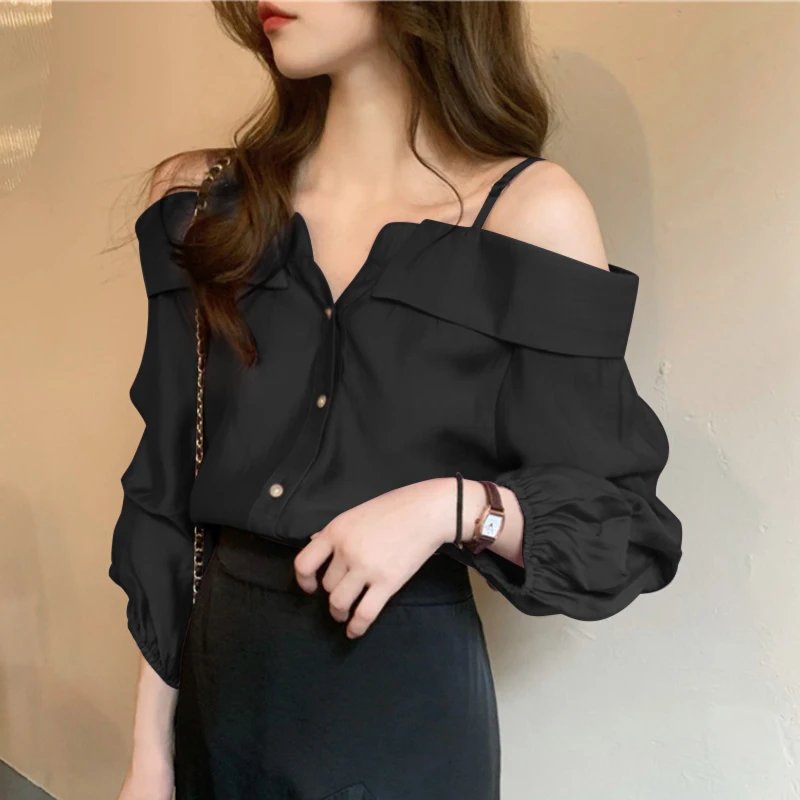 ZANZEA 2025 Fashion Shirts Women Sexy Off Shoulder Blouse Summer Casual Straps Button Tops Long Sleeve Pleated Solid Loose Tunic