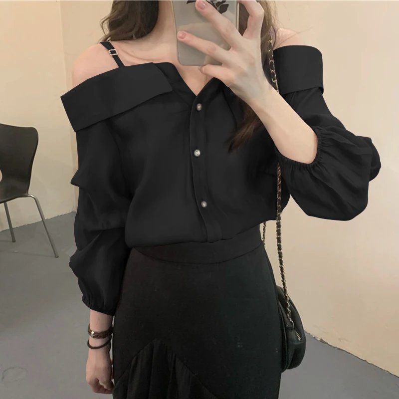 ZANZEA 2025 Fashion Shirts Women Sexy Off Shoulder Blouse Summer Casual Straps Button Tops Long Sleeve Pleated Solid Loose Tunic