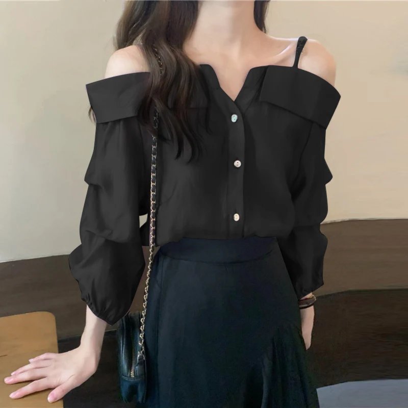ZANZEA 2025 Fashion Shirts Women Sexy Off Shoulder Blouse Summer Casual Straps Button Tops Long Sleeve Pleated Solid Loose Tunic