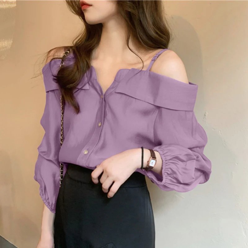 ZANZEA 2025 Fashion Shirts Women Sexy Off Shoulder Blouse Summer Casual Straps Button Tops Long Sleeve Pleated Solid Loose Tunic