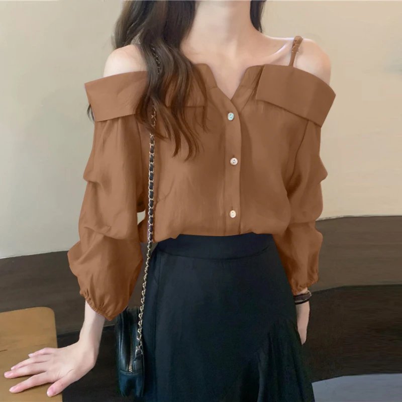 ZANZEA 2025 Fashion Shirts Women Sexy Off Shoulder Blouse Summer Casual Straps Button Tops Long Sleeve Pleated Solid Loose Tunic