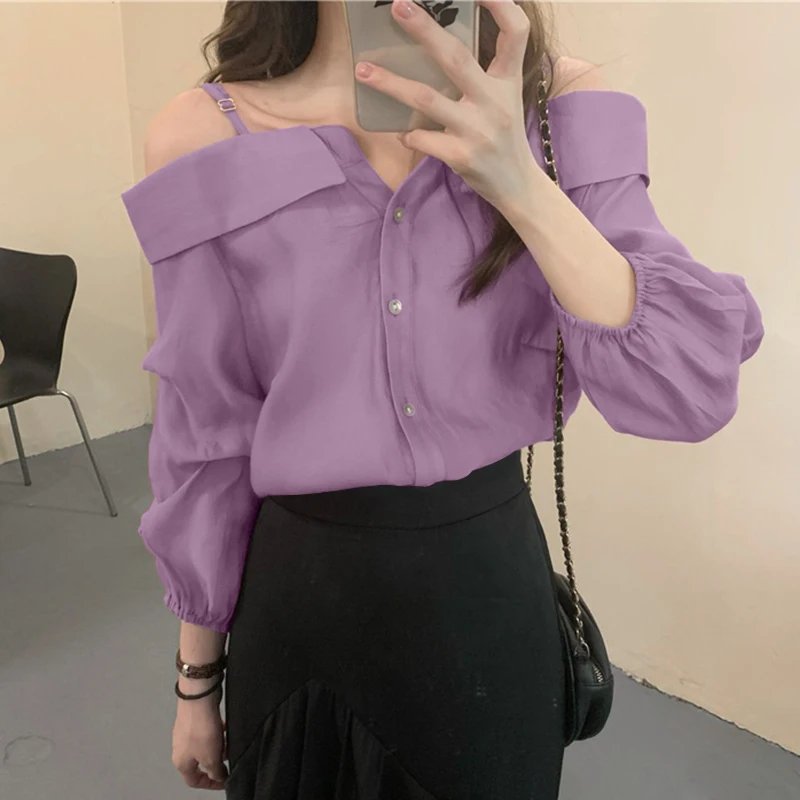 ZANZEA 2025 Fashion Shirts Women Sexy Off Shoulder Blouse Summer Casual Straps Button Tops Long Sleeve Pleated Solid Loose Tunic