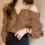 ZANZEA 2025 Fashion Shirts Women Sexy Off Shoulder Blouse Summer Casual Straps Button Tops Long Sleeve Pleated Solid Loose Tunic