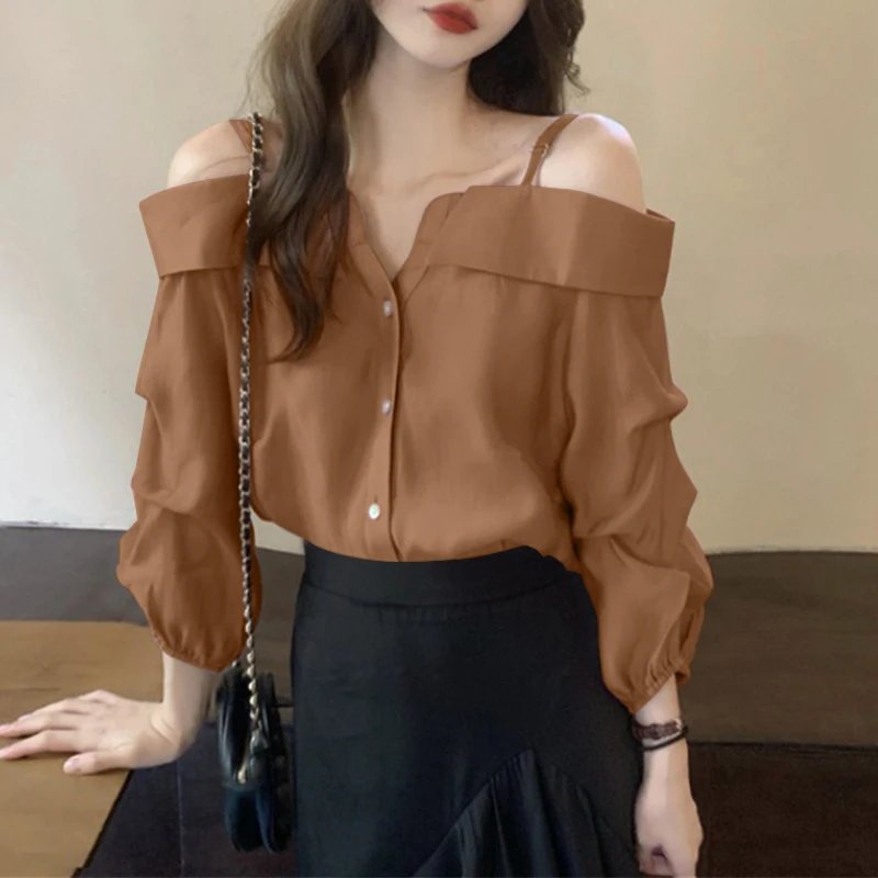 ZANZEA 2025 Fashion Shirts Women Sexy Off Shoulder Blouse Summer Casual Straps Button Tops Long Sleeve Pleated Solid Loose Tunic