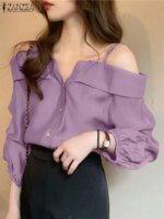 ZANZEA 2025 Fashion Shirts Women Sexy Off Shoulder Blouse Summer Casual Straps Button Tops Long Sleeve Pleated Solid Loose Tunic - Image 2