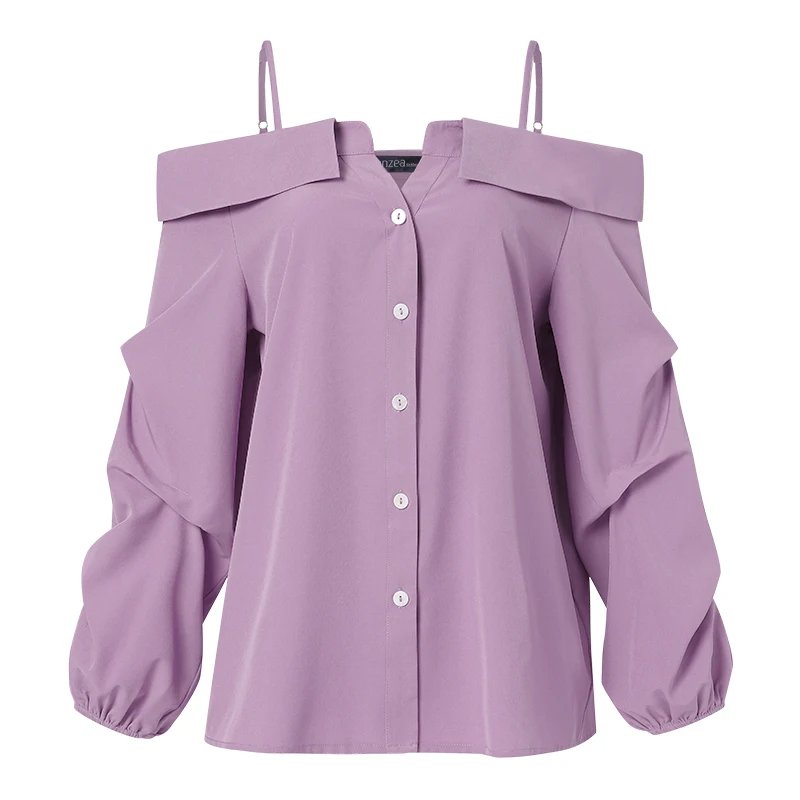 ZANZEA 2025 Fashion Shirts Women Sexy Off Shoulder Blouse Summer Casual Straps Button Tops Long Sleeve Pleated Solid Loose Tunic