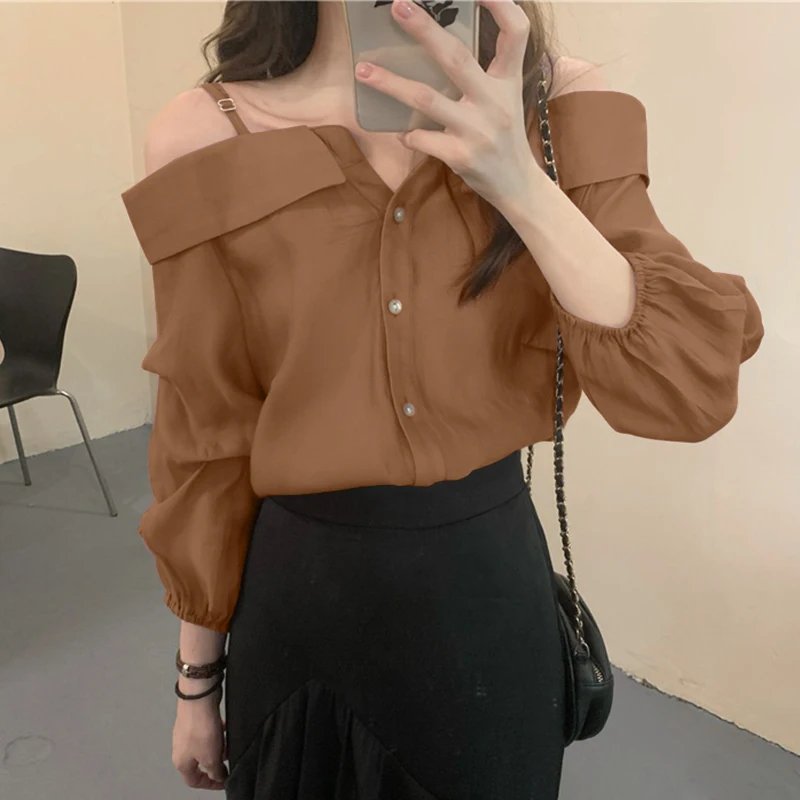 ZANZEA 2025 Fashion Shirts Women Sexy Off Shoulder Blouse Summer Casual Straps Button Tops Long Sleeve Pleated Solid Loose Tunic