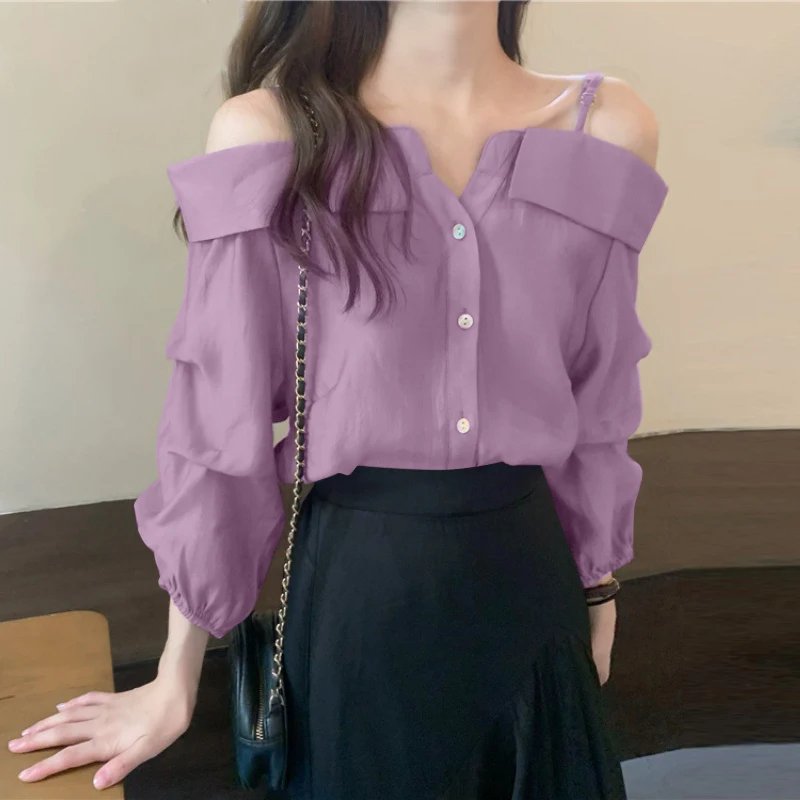 ZANZEA 2025 Fashion Shirts Women Sexy Off Shoulder Blouse Summer Casual Straps Button Tops Long Sleeve Pleated Solid Loose Tunic
